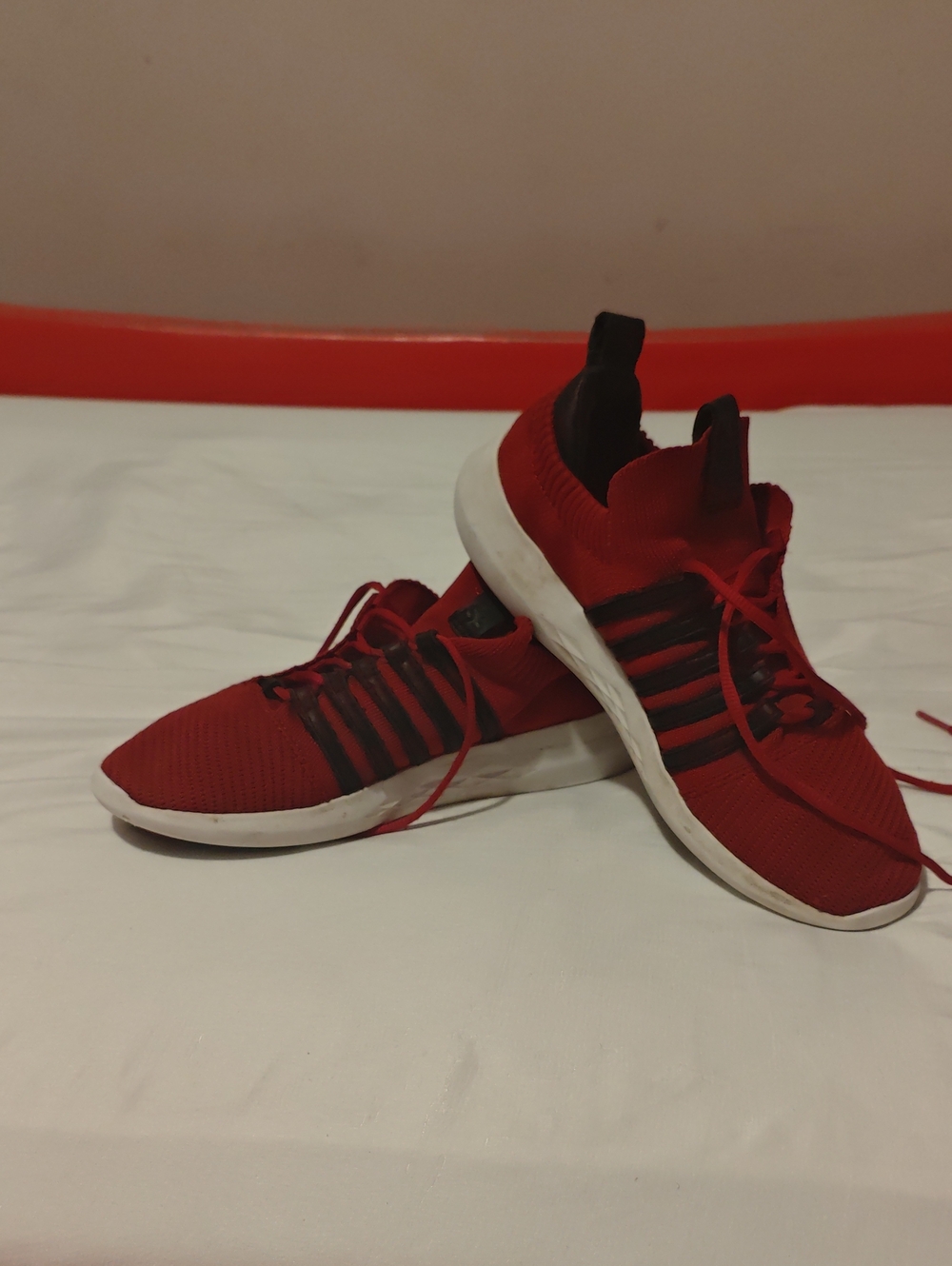 K Swiss Classics Red Knit Athletic Sneakers with Black Accents